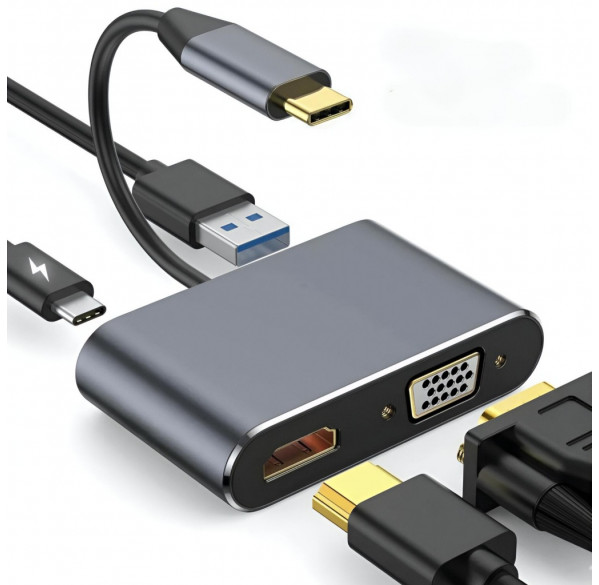 Переходник адаптер с Type-C на HDMI + VGA + USB 3.0 + Type-C (PD)