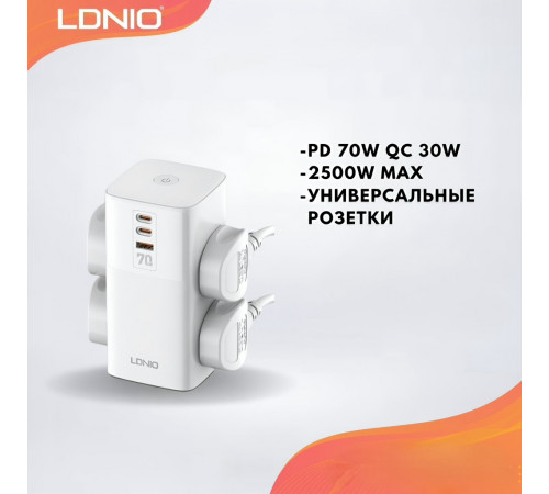 Удлинитель-сетевой фильтр | LDNIO SC4383 | 2×Розетки + 2×Type-C + 1×USB | 2м