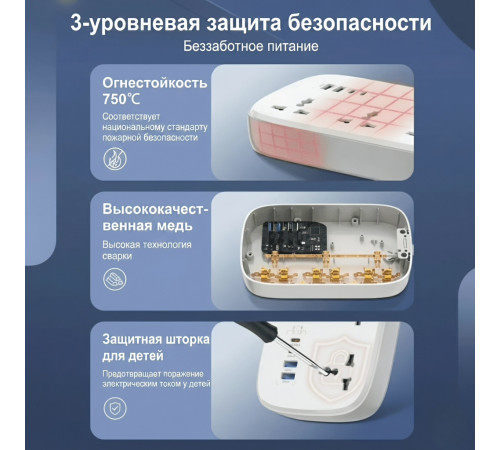 Удлинитель-сетевой фильтр | LDNIO SC6 | 3×Розетки + 2×Type-C + 2×USB | 2м