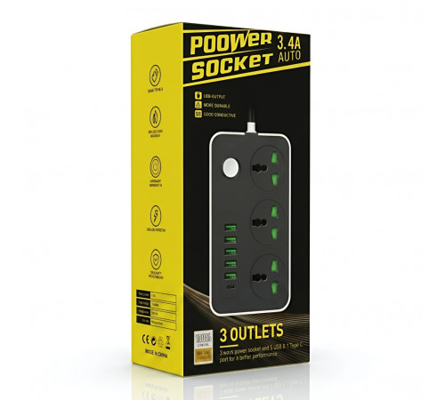 Сетевой удлинитель POWER SOCKET BK (3×Розетки + 5×USB + 1×Type-C) 2м.