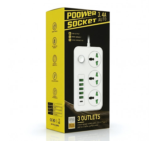 Сетевой удлинитель POWER SOCKET WH (3×Розетки + 5×USB + 1×Type-C) 2м.