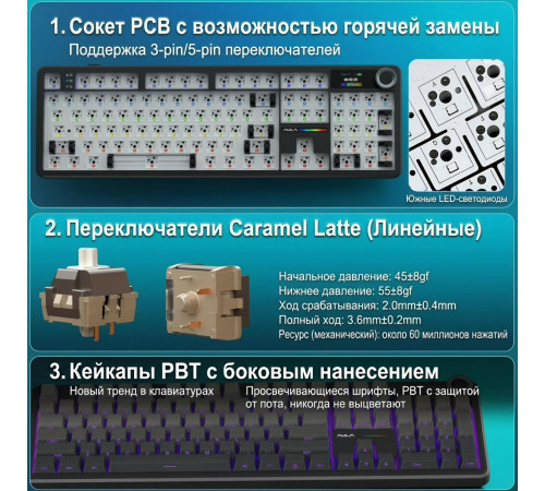 Клавиатура | AULA F108 Pro ◇ серый градиент (side print) | механическая | 2.4 ГГц + Bluetooth + USB