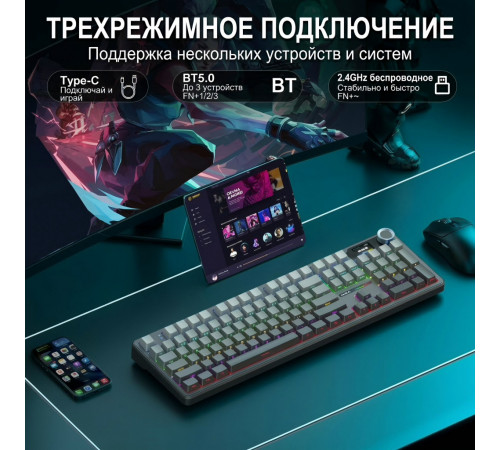 Клавиатура | AULA F108 Pro ◇ серый градиент (side print) | механическая | 2.4 ГГц + Bluetooth + USB