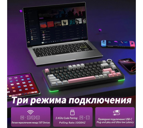 Клавиатура | AULA S75 Pro ◇ чёрный-серый-розовый | механическая | 2.4 ГГц + Bluetooth + USB