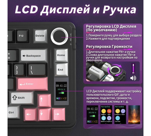 Клавиатура | AULA S75 Pro ◇ чёрный-серый-розовый | механическая | 2.4 ГГц + Bluetooth + USB