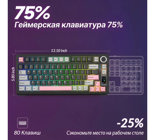 Клавиатура | AULA S75 Pro ◇ чёрный-серый-розовый | механическая | 2.4 ГГц + Bluetooth + USB