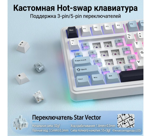 Клавиатура | AULA S75 Pro ◇ белый-синий | механическая | 2.4 ГГц + Bluetooth + USB