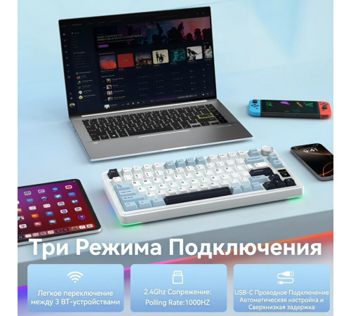 Клавиатура | AULA S75 Pro ◇ белый-синий | механическая | 2.4 ГГц + Bluetooth + USB