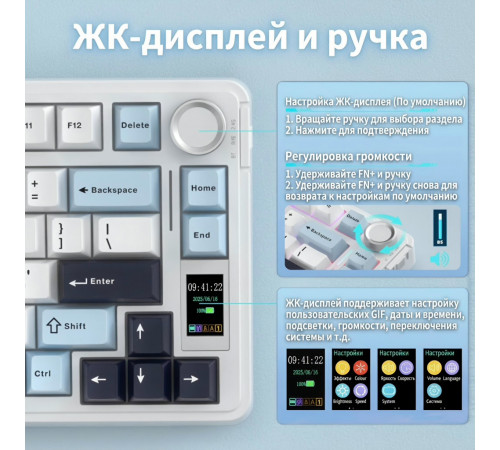 Клавиатура | AULA S75 Pro ◇ белый-синий | механическая | 2.4 ГГц + Bluetooth + USB