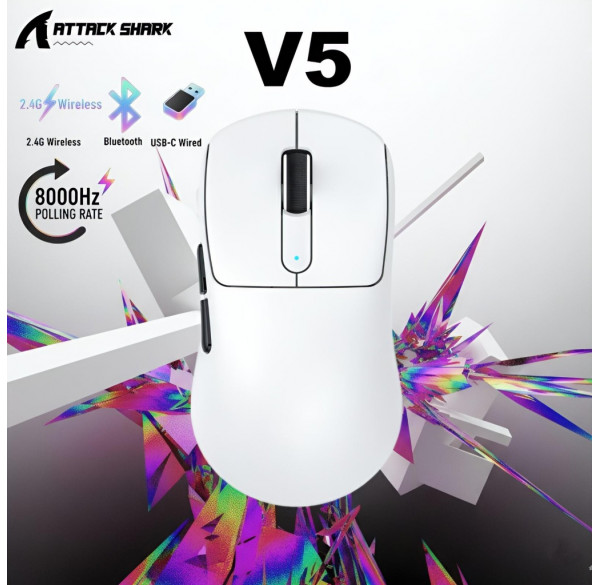 Мышь Attack Shark V5 белая, игровая, беспроводная, перезаряжаемая