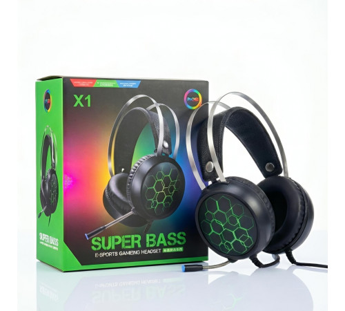 Наушники Super Bass X1, игровые, проводные USB