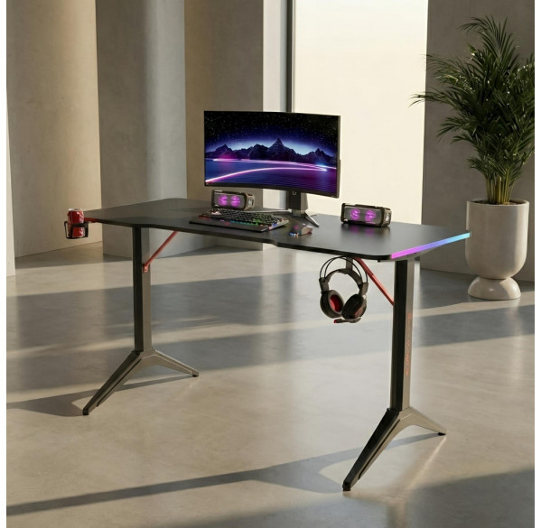 Стол компьютерный игровой D2208 чёрный 140x60см, с LED подсветкой