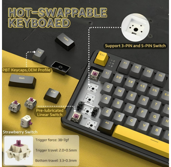 Клавиатура Attack Shark X87 BK-Orange, игровая, механическая, беспроводная