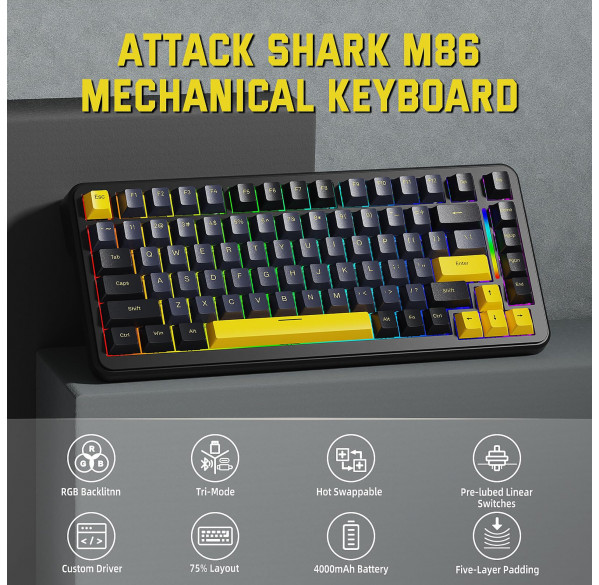 Клавиатура игровая механическая Attack Shark M86 Star Black, беспроводная Клавиатура игровая механическая Attack Shark M86 Star Black, беспроводная