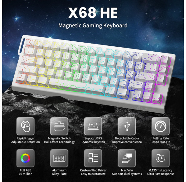 Клавиатура игровая магнитная Attack Shark X68 he Magnetic White Contour Line Клавиатура игровая магнитная Attack Shark X68 he Magnetic White Contour Line