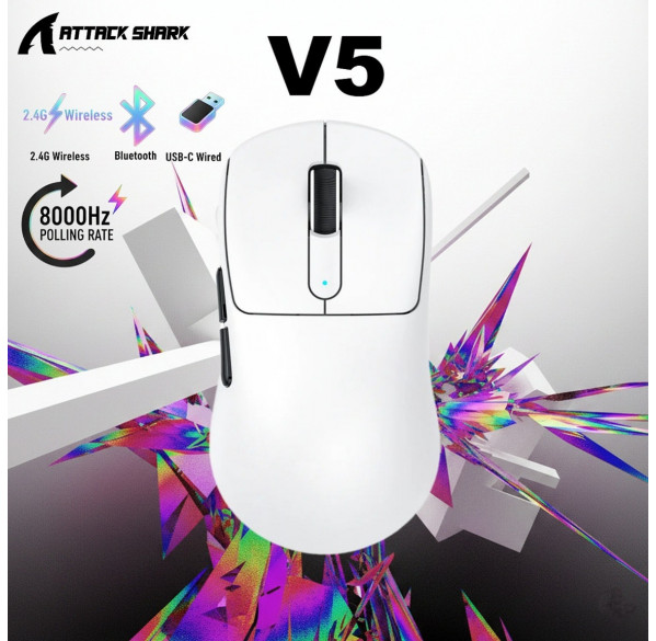Мышь Attack Shark V5 белая, игровая, беспроводная, перезаряжаемая