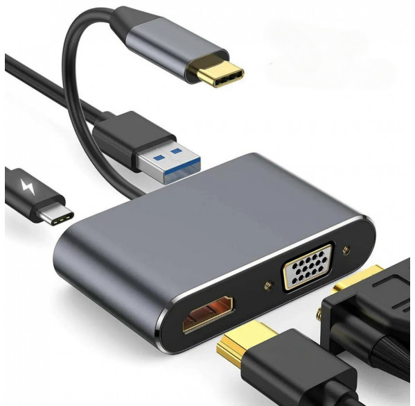 Переходник адаптер с Type-C на HDMI + VGA + USB 3.0 + Type-C (PD)