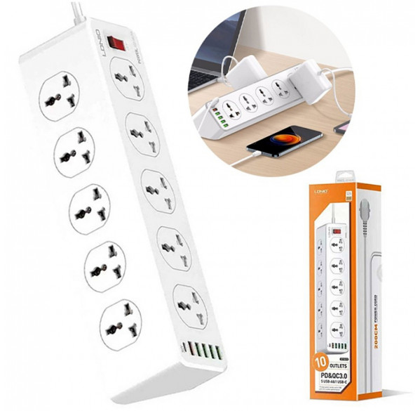 Удлинитель / сетевой фильтр LDNUO SC10610 (6 Socket + 5 USB + Type-C) 2м.